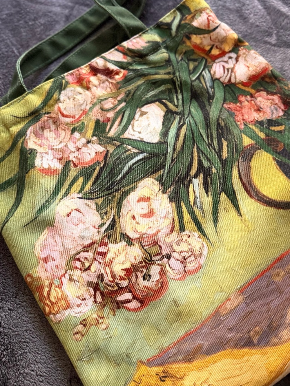 Green Floral Canvas Tote Bag with Pink Accent Flowers